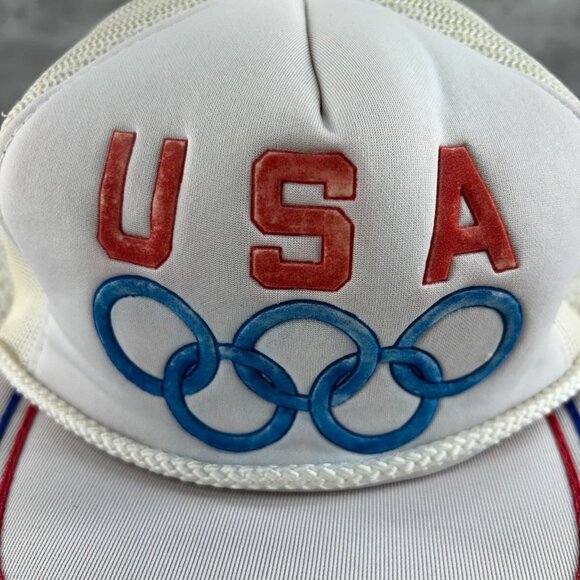 Vintage USA Olympics Mesh Snapback Trucker Rope Hat OSFA Puffy Print White - Picture 2 of 10